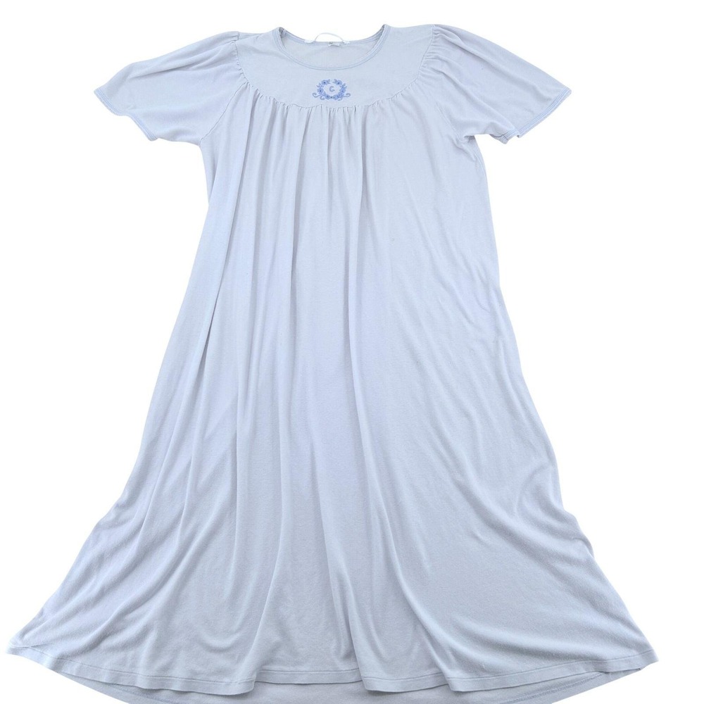 Calida Wms Nightgown Medium Blue Embroidered Short Sleeve Vintage Cottagecore